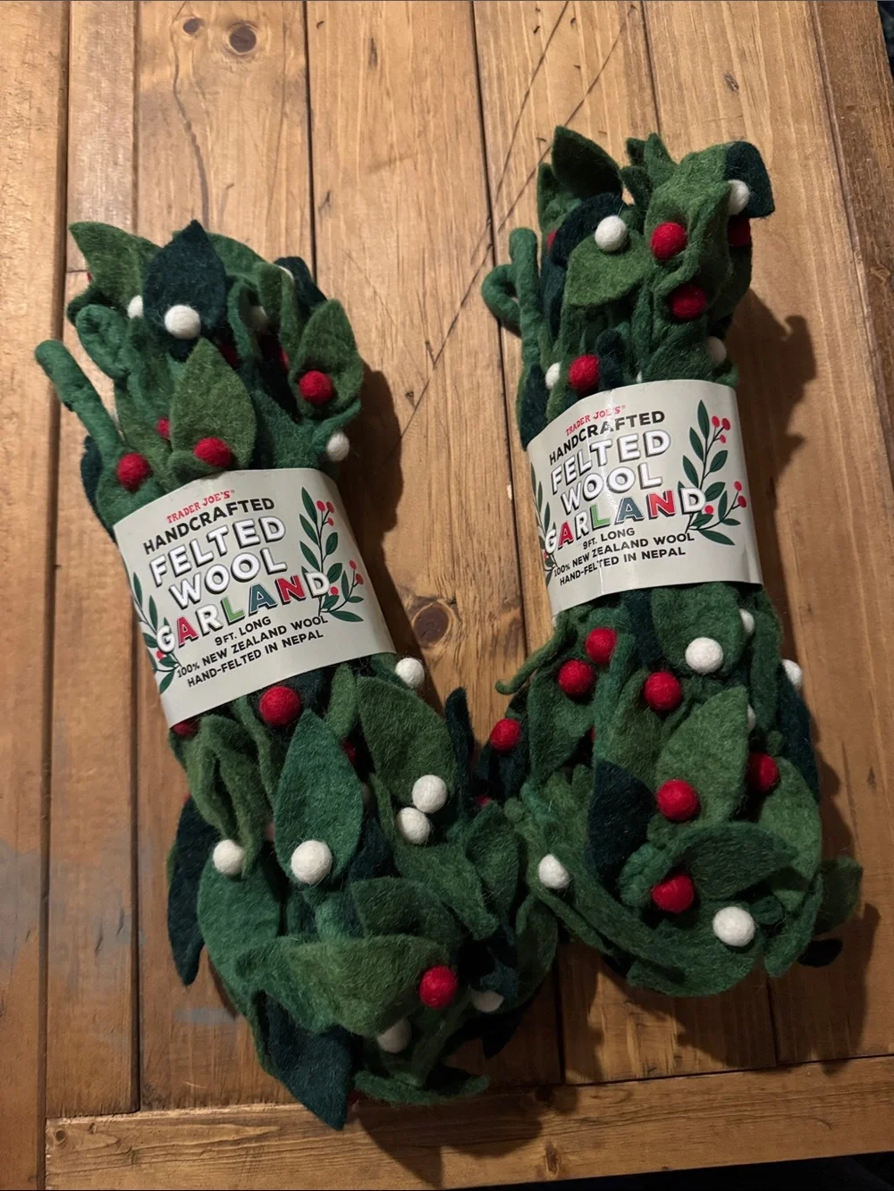 Handcrafted Felted Wool Garland with Red & White Berries set of two